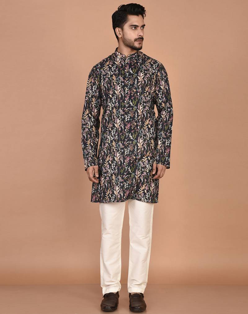 Men's floral printed cotton straight  kurta