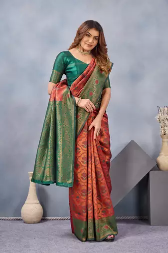 Orange green silk blend banarasi saree with unstitched blouse piece
