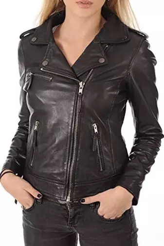women's black premium lambskin leather jacket asymmetrical zip closure distinctive