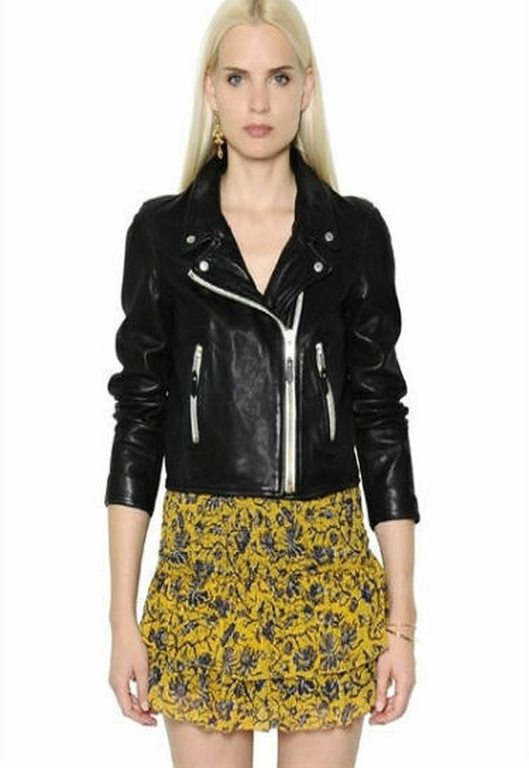 women's black premium lambskin leather jacket asymmetrical zip closure luxury