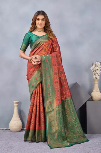 Orange green silk blend banarasi saree with unstitched blouse piece