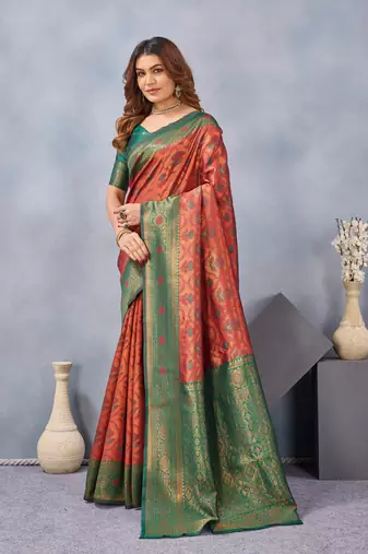 Orange green silk blend banarasi saree with unstitched blouse piece