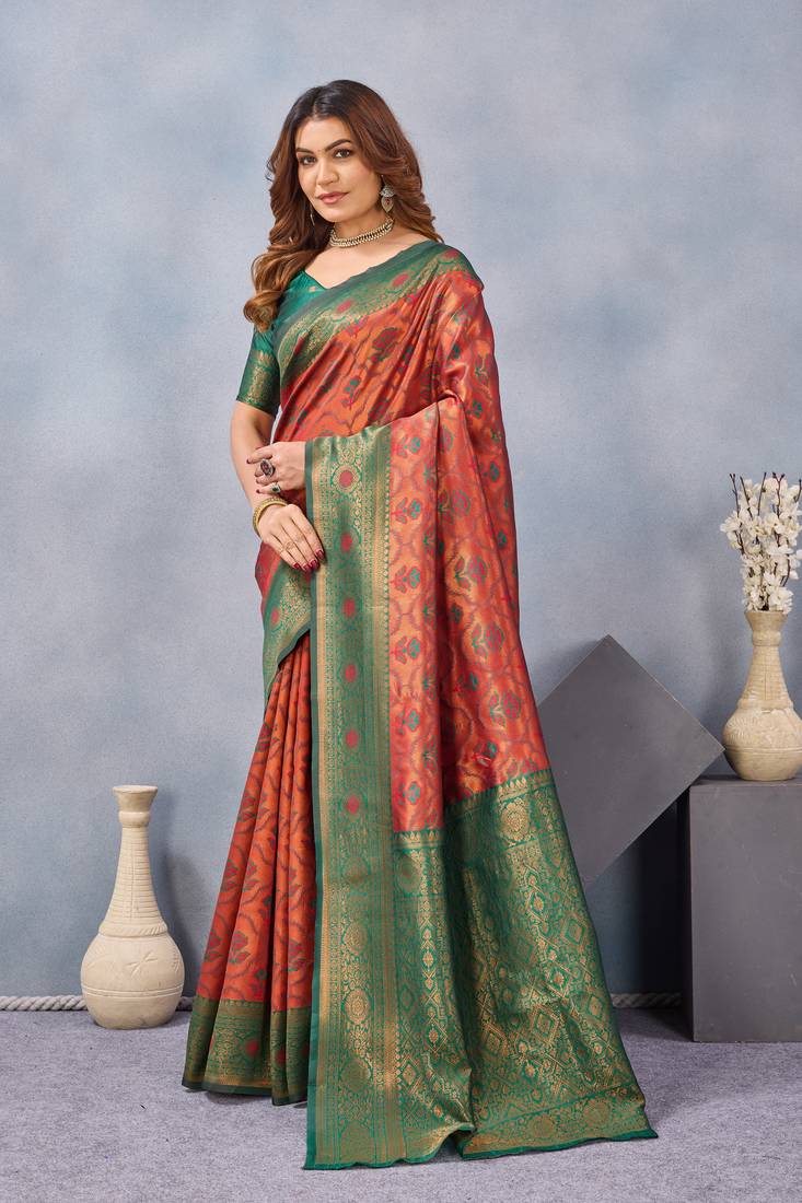 Orange green silk blend banarasi saree with unstitched blouse piece