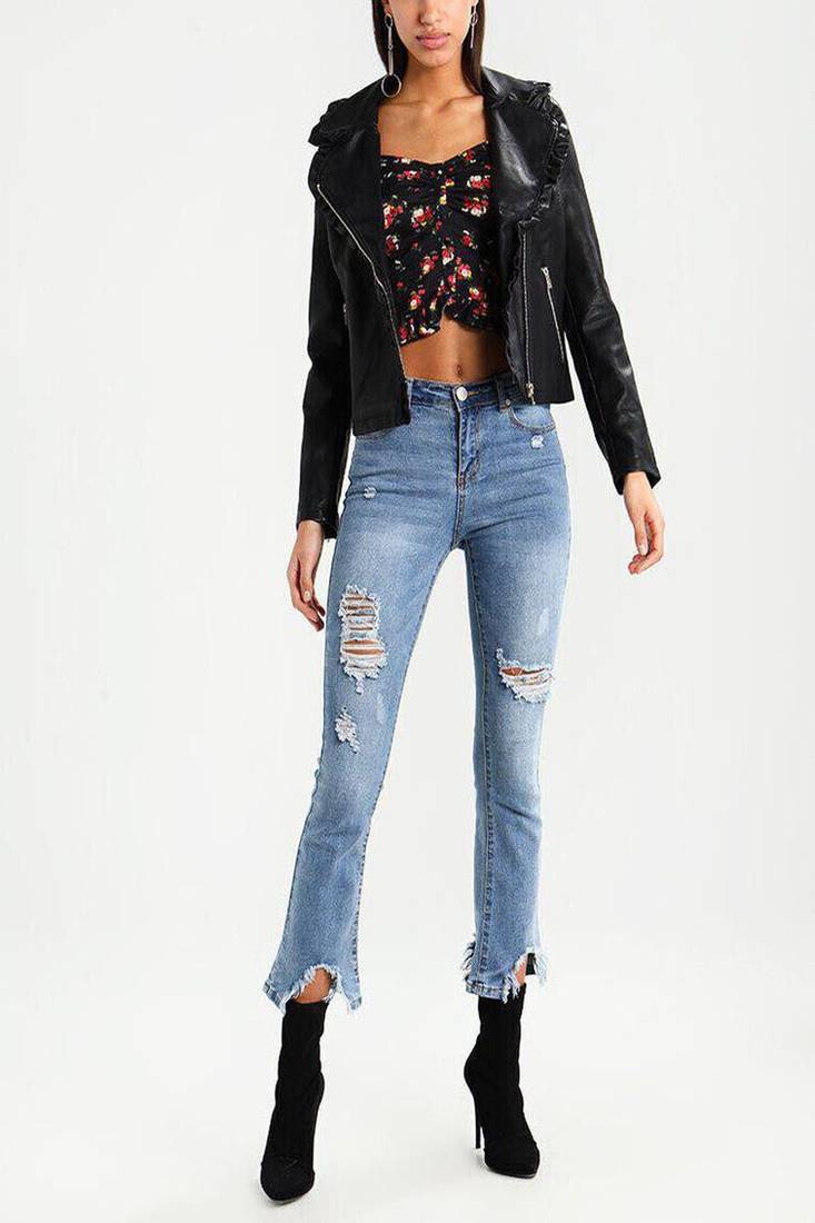 Women’s black  lambskin leather jacket -ruffle detailing & lapel collar style