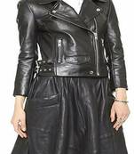Women’s black  lambskin leather jacket -asymmetrical  zipper detail & button style