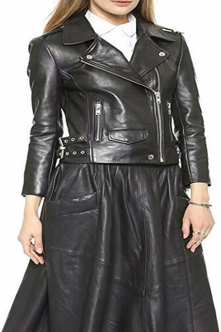 Women’s black  lambskin leather jacket -asymmetrical  zipper detail & button style
