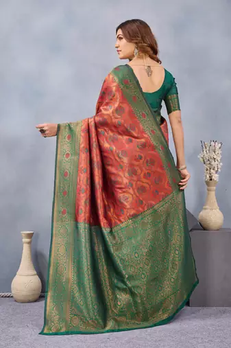 Orange green silk blend banarasi saree with unstitched blouse piece