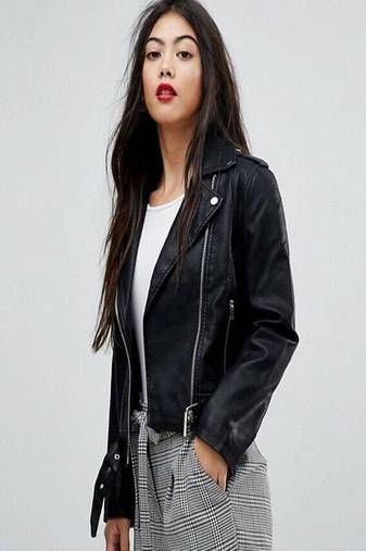 Women's black  lambskin leather jacke- staright zipper detail & waist belt style