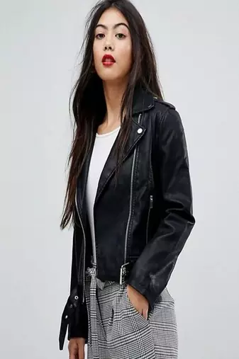 women's black premium lambskin leather jacket adjustable belted waist authentic