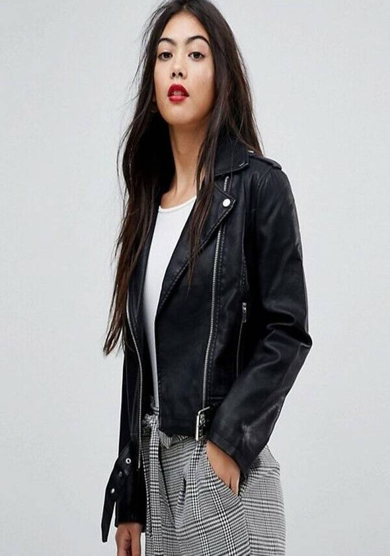 Women's black  lambskin leather jacke- staright zipper detail & waist belt style