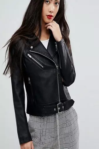women's black premium lambskin leather jacket adjustable belted waist authentic