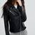 Women's black  lambskin leather jacke- staright zipper detail & waist belt style
