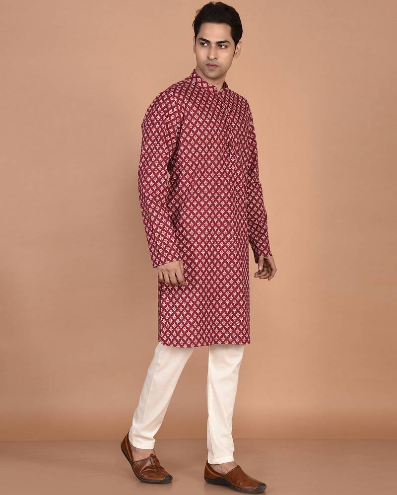 Men's floral printed cotton straight  kurta