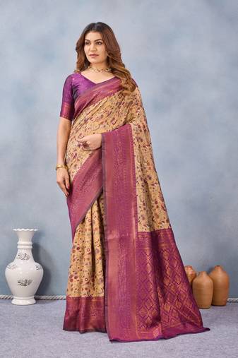 Beige wine soft silk blend banarasi jacuard work designer party wear saree with unstitched blouse piece