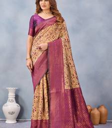 Beige wine silk blend banarasi saree with unstitched blouse piece