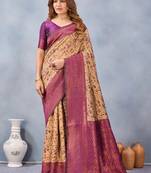 Beige wine silk blend banarasi saree with unstitched blouse piece