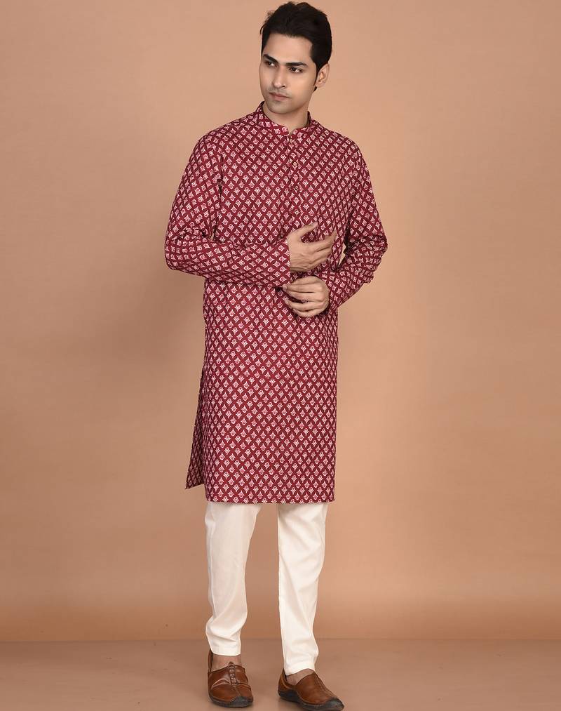 Men's floral printed cotton straight  kurta
