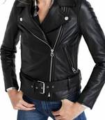 Women’s black  lambskin leather jacket -asymmetrical  zipper detail & waist belt style
