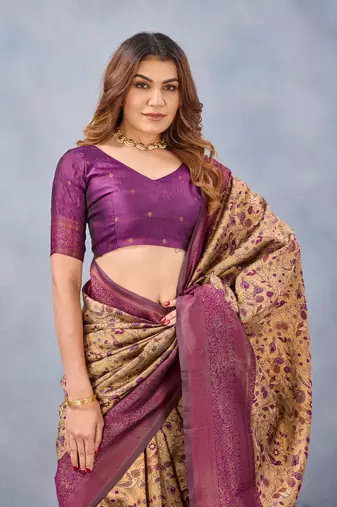 Beige wine silk blend banarasi saree with unstitched blouse piece