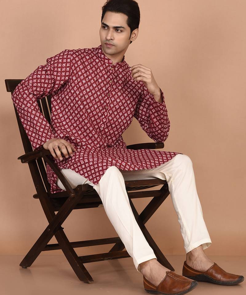 Men's floral printed cotton straight  kurta