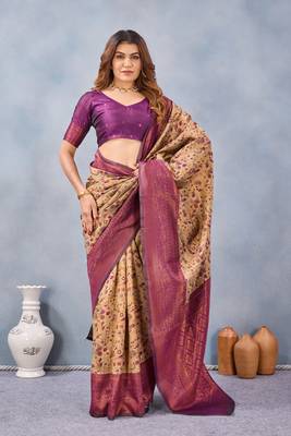 Beige wine silk blend banarasi saree with unstitched blouse piece 3