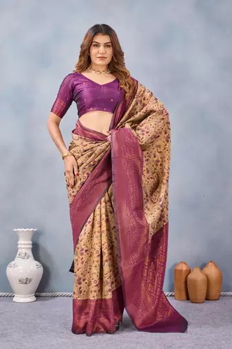 Beige wine silk blend banarasi saree with unstitched blouse piece