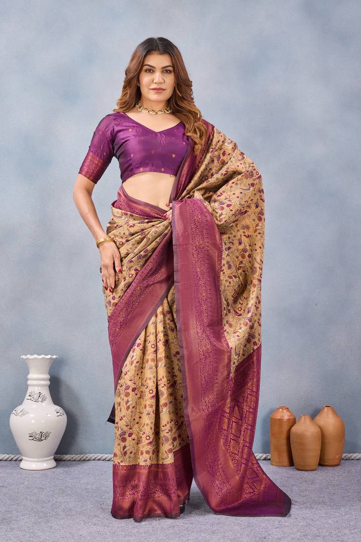 Beige wine silk blend banarasi saree with unstitched blouse piece