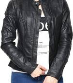 Women’s black  lambskin leather jacket -straight zipper detail & stylish look
