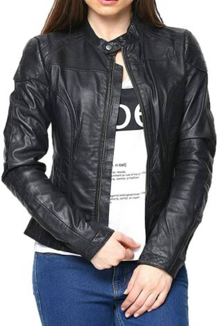 Women’s black  lambskin leather jacket -straight zipper detail & stylish look