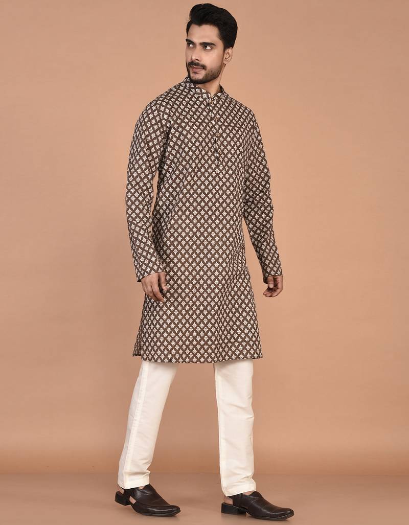 Men's floral printed cotton straight  kurta