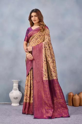 Beige wine silk blend banarasi saree with unstitched blouse piece