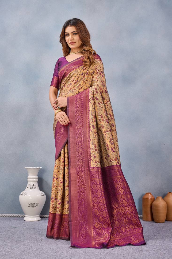 Beige wine silk blend banarasi saree with unstitched blouse piece