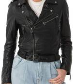 Women’s black  lambskin leather jacket -asymmetrical  zipper detail & waist belt style