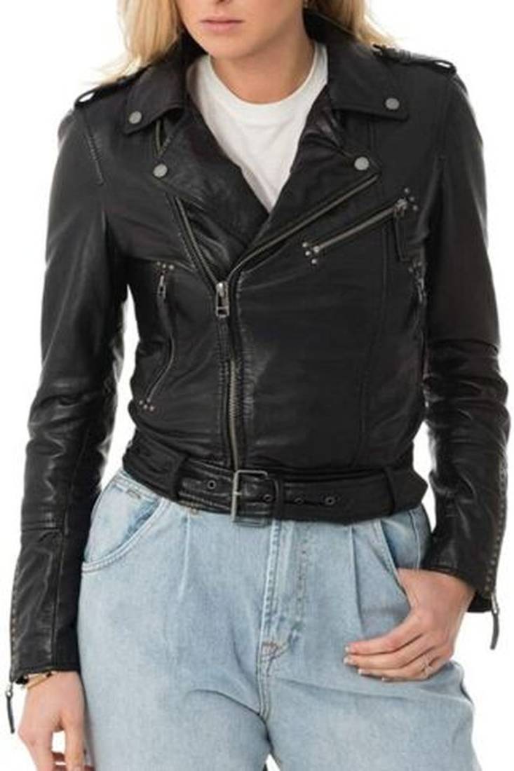 Women’s black  lambskin leather jacket -asymmetrical  zipper detail & waist belt style
