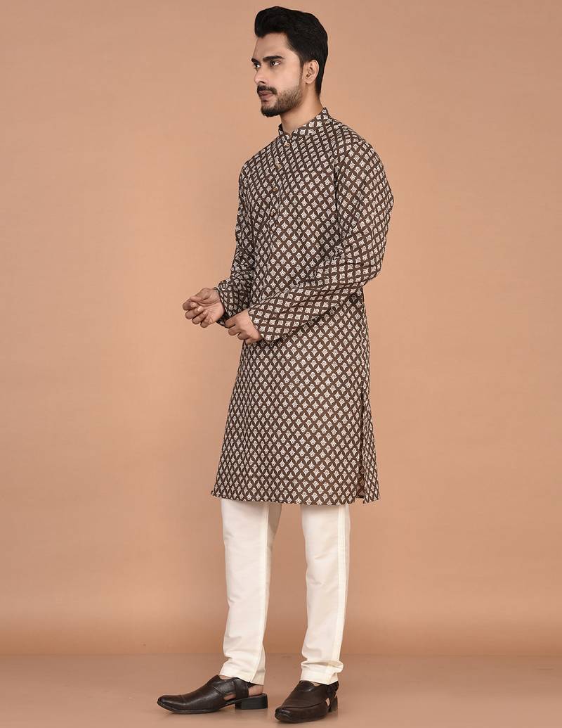 Men's floral printed cotton straight  kurta
