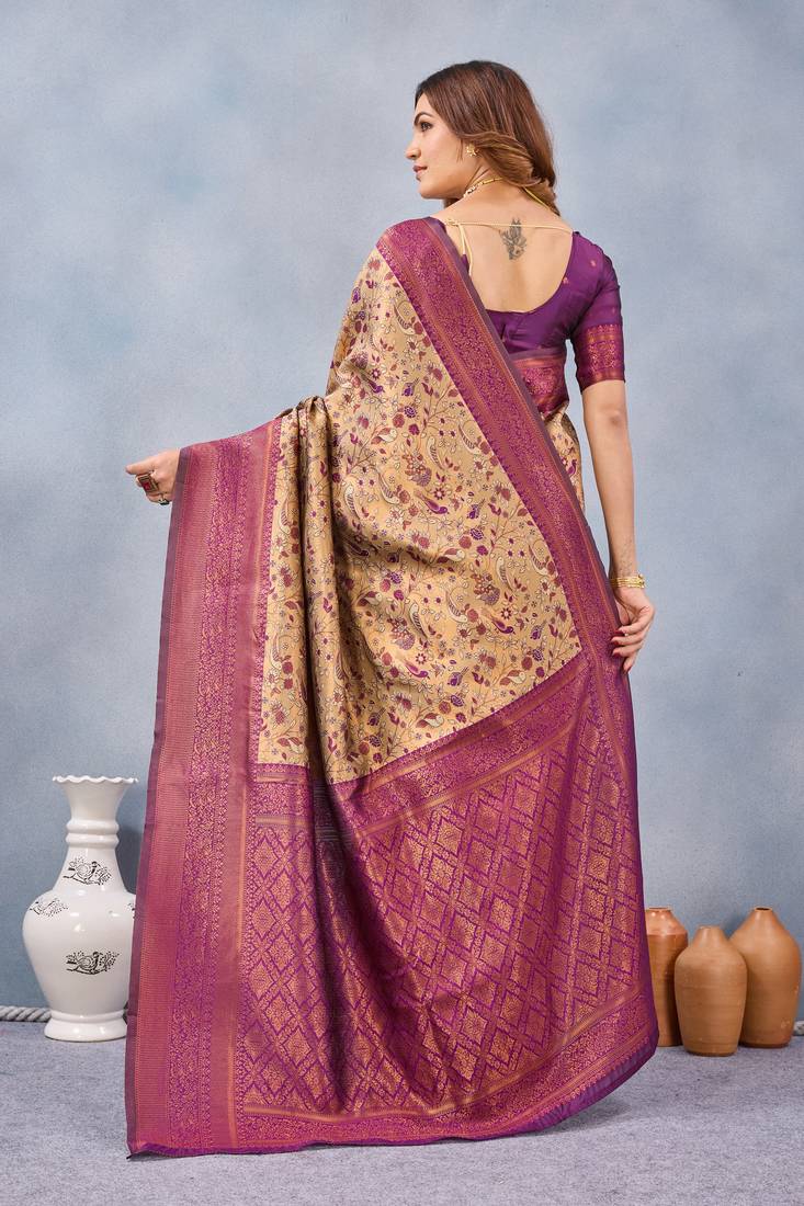 Beige wine silk blend banarasi saree with unstitched blouse piece