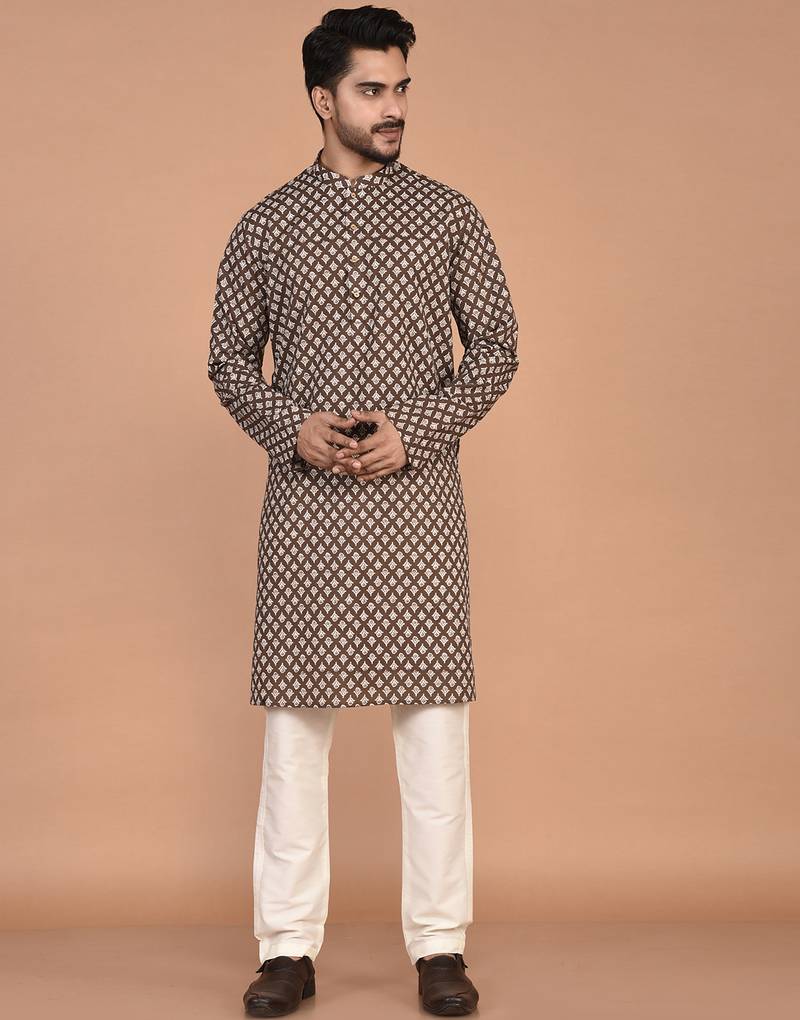 Men's floral printed cotton straight  kurta