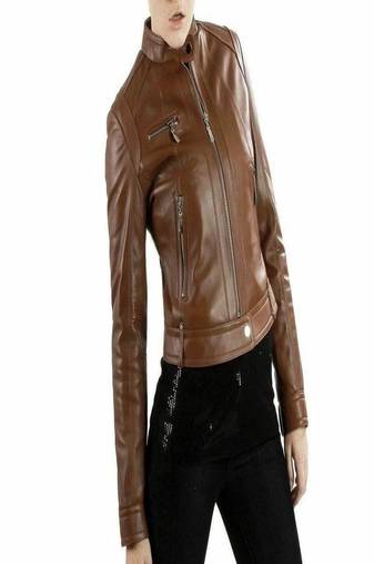 women's brown premium lambskin leather jacket asymmetrical zip closure modern