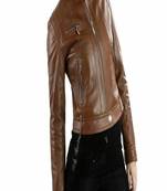 Women’s brown lambskin leather jacket -asymmetrical  zipper detail & waist belt style
