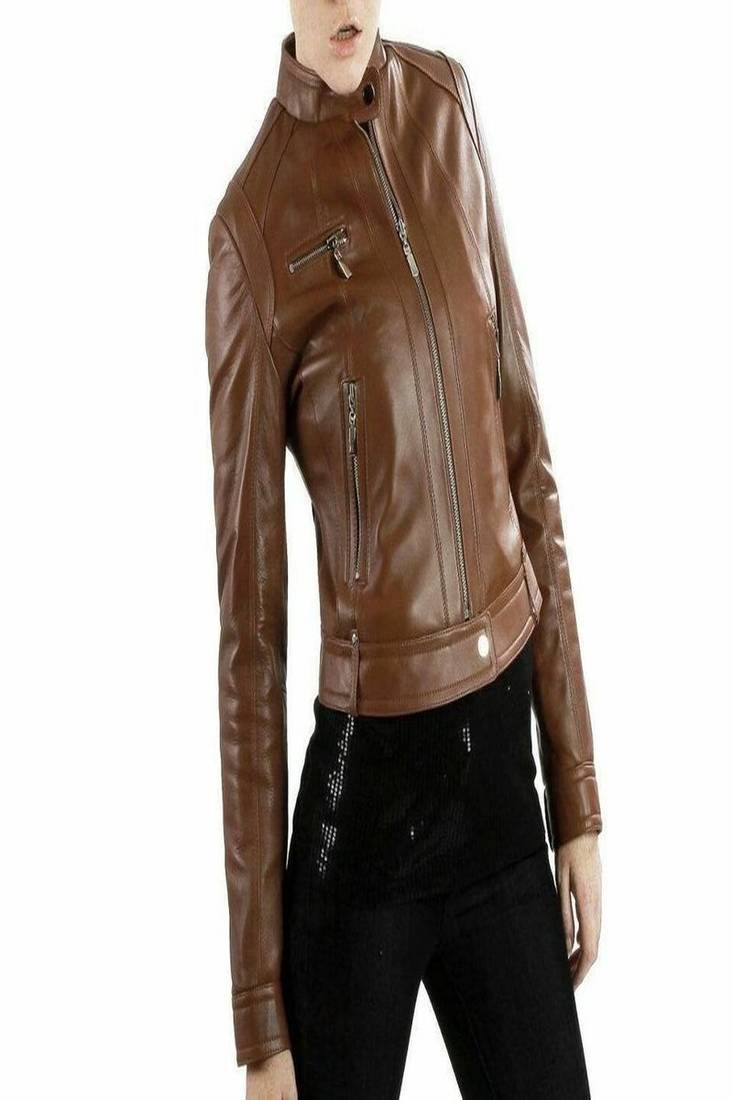 Women’s brown lambskin leather jacket -asymmetrical  zipper detail & waist belt style