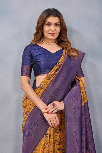 Mustard blue soft silk blend banarasi jacuard work designer party wear saree with unstitched blouse piece