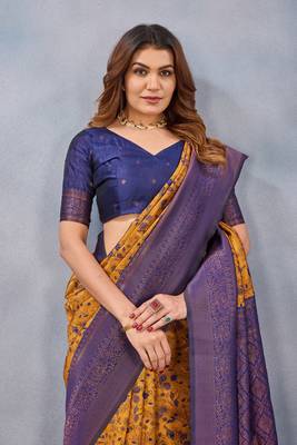 Mustard blue silk blend banarasi saree with unstitched blouse piece 2