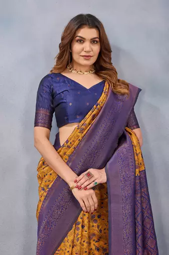 Mustard blue silk blend banarasi saree with unstitched blouse piece