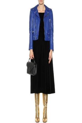 women's blue premium lambskin leather jacket asymmetrical zip closure