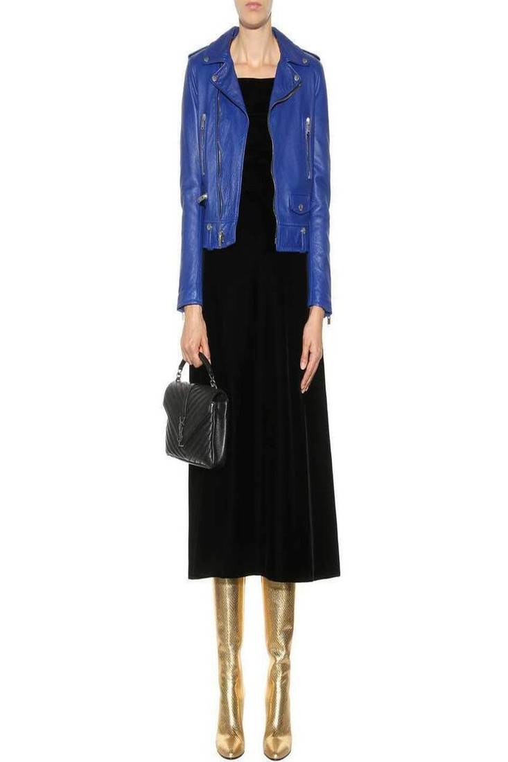 Women’s blue lambskin leather jacket -asymmetrical zipper detail stylish look
