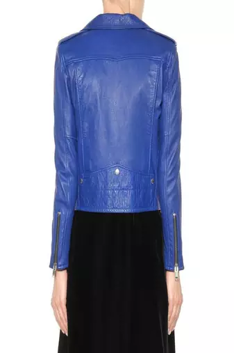 women's blue premium lambskin leather jacket asymmetrical zip closure