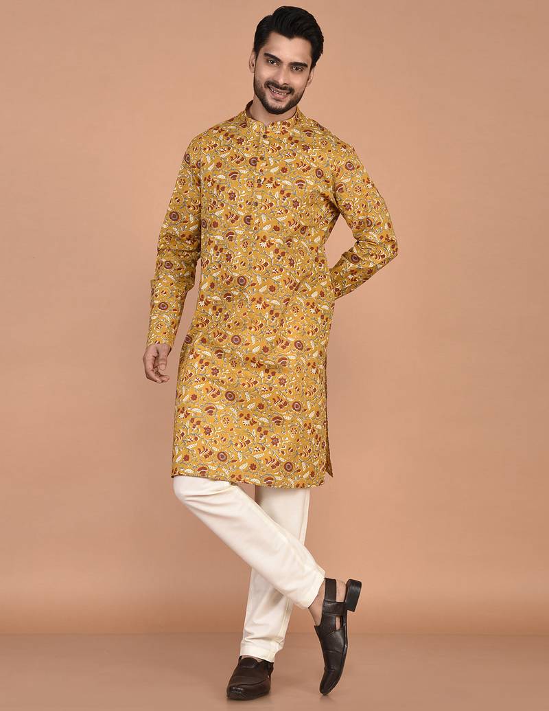 Men's floral printed cotton straight  kurta