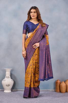 Mustard blue silk blend banarasi saree with unstitched blouse piece 3