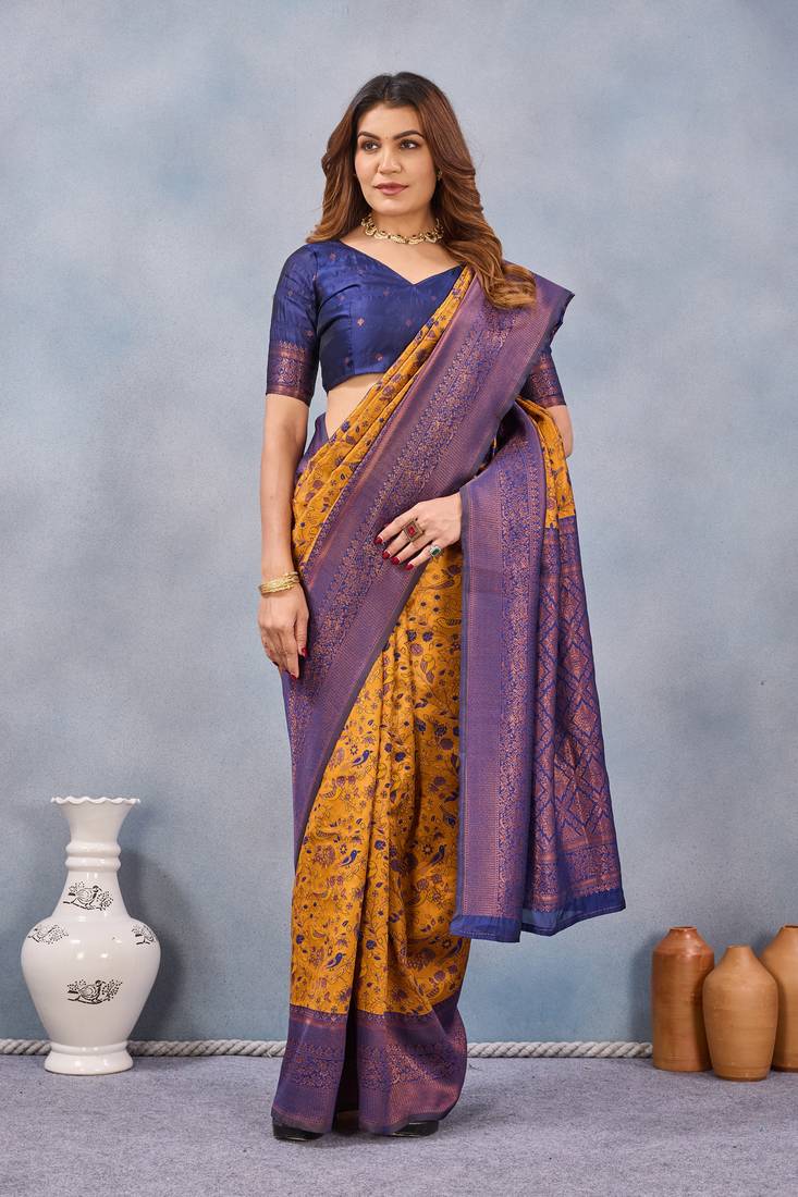 Mustard blue silk blend banarasi saree with unstitched blouse piece