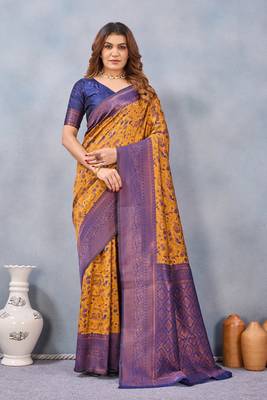 Mustard blue silk blend banarasi saree with unstitched blouse piece 1